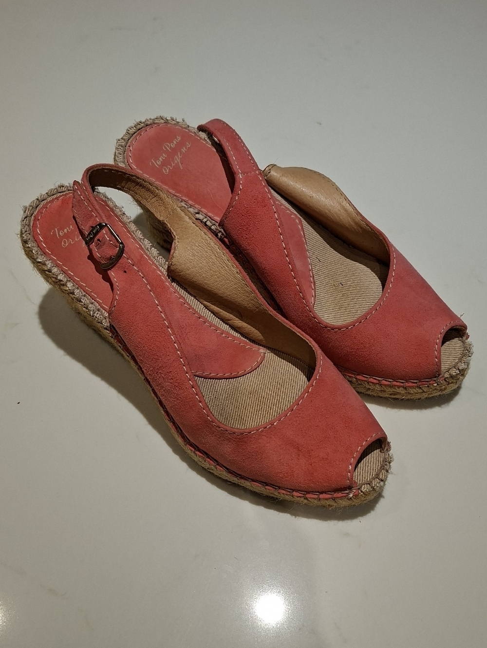 Toni Pons Pink/Coral Super Soft Suede Peep-toe Jute Espadrilles (EU 37/US 7)